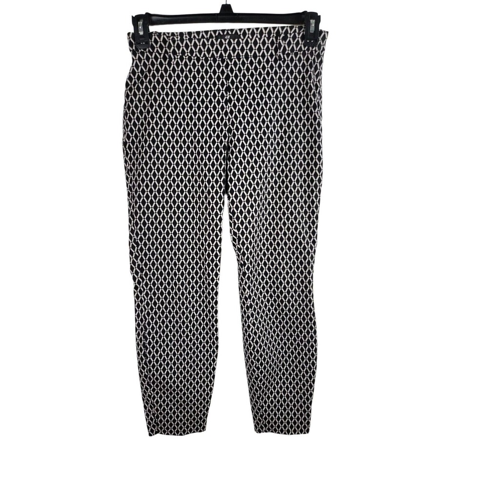H&M Dress Pants 6 Womens Black White Diamond Print Mid Rise Side Zip Work Office